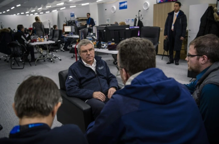 Le président du CIO Thomas Bach lors de sa visite au bureau de l'AFP aux JO, le 12 février 2018 à Pyeongchang