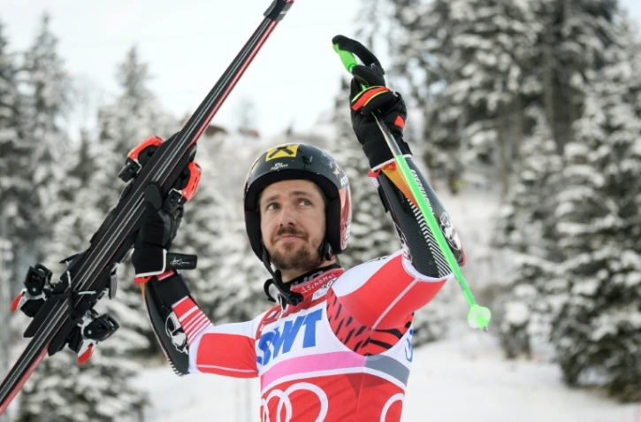 Le 12 janvier 2019 l'Australien Marcel Hirscher sur le podium à l'arrivée du slalom géant lors de la Coupe du monde de ski alpin à Adelboden,en Suisse.