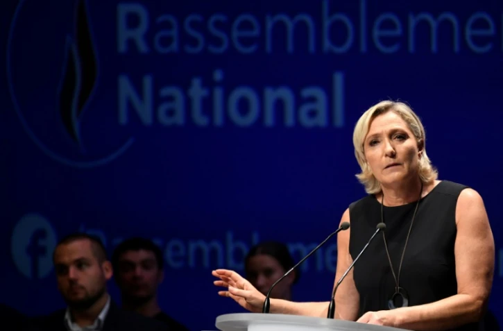 La présidente du Rassemblement national Marine Le Pen lors d'un meeting à Fréjus, dans le sud de la France, le 16 septembre 2018