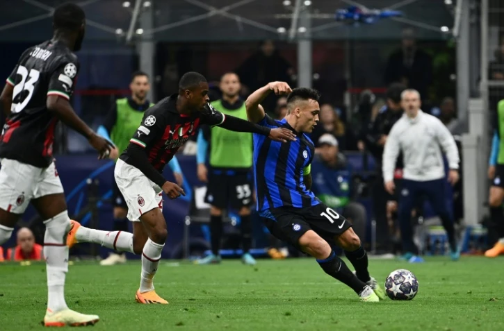 Le capitaine de l'Inter Lautaro Martinez inscrit l'unique but de la demi-finale retour contre l'AC Milan Ă San Siro, le 16 mai 2023