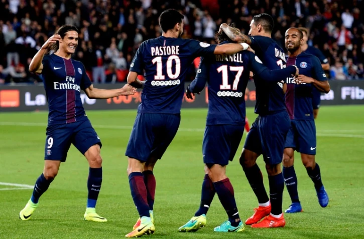 La joie des Parisiens après leur premier but contre Dijon, le 20 septembre 2016, au Parc des Princes