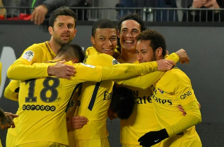 Le trio offensif du PSG composé de Neymar Jr-Kylian Mbappé-Edinson Cavani, ici avec Motta et Lo Celso, s'est illustré face à Rennes au Roazhon Park, le 16 décembre 2017