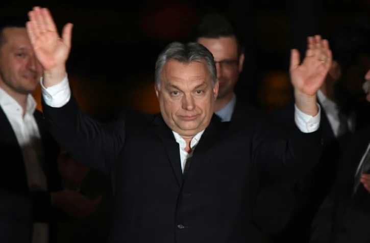 Le Premier ministre Viktor Orban célèbre sa victoire le 8 avril 2018 à Budapest après le scrutin législatif