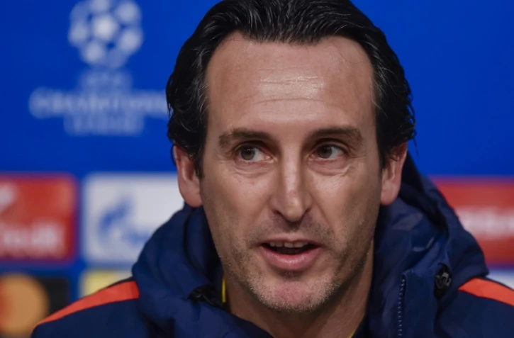 L'entraîneur du PSG Unai Emery en conférence de presse à l'Allianz Arena à Munich, le 4 décembre 2017, à la veille d'y affronter le Bayern