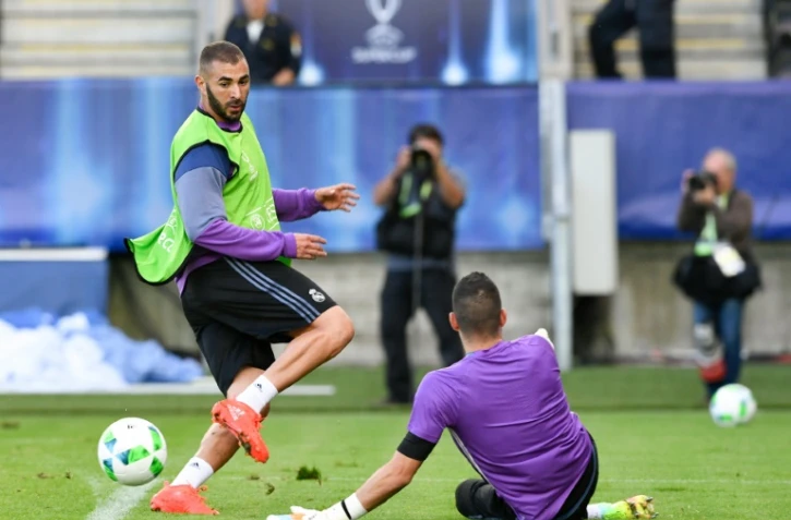 Karim Benzema à l'entrînement avec le Real Madrid à Trondheim, le 8 août 2016, veille de la Supoercoupe d'Europe