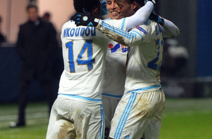 La joie des joueurs marseillais après le but inscrit par Georges-Kévin Nkoudou à Liberec, le 10 décembre 2015