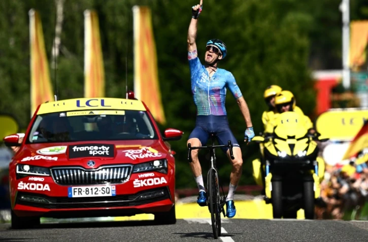La joie du Canadian Hugo Houle, vainqueur en solitaire de la 16e étape du Tour de France, disputée entre Carcassonne et Foix, le 19 juillet 2019