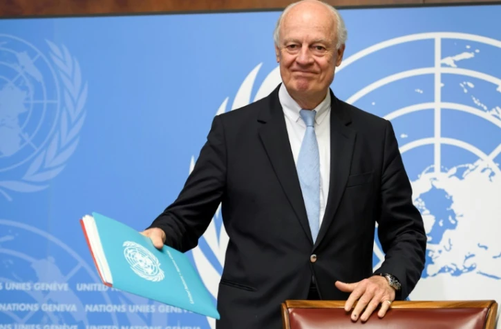 L'envoyé spécial de l'ONU pour la Syrie, Staffan de Mistura, lors d'une conférence de presse à la veille de nouveaux pourparlers de paix, le 15 maiu 2017 à Genève