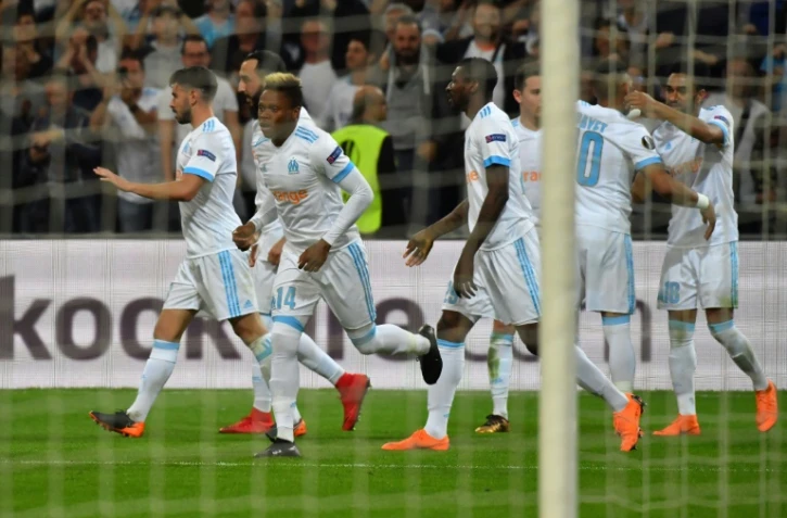 La joie des Marseillais après le but du break face au RB Salzbourg signé Clinton Njie (N.14) au Vélodrome, le 26 avril 2018