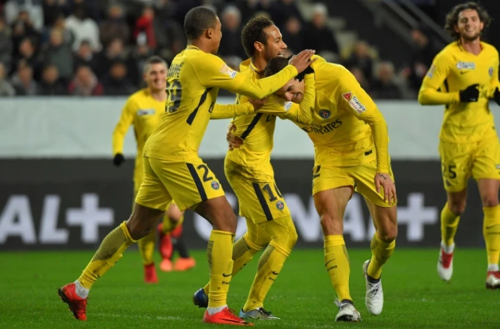 Les Parisiens vainqueurs de Rennes, sur sa pelouse, grâce notamment à un but de Thomas Meunier, le 30 janvier 2018 au Rhoazon Park