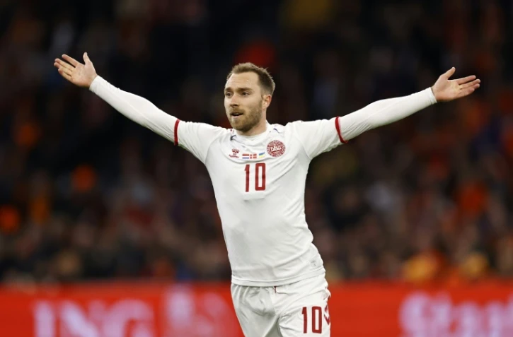 Le Danois Christian Eriksen fête son but contre les Pays-Bas, le 26 mars 2022 à Amsterdam