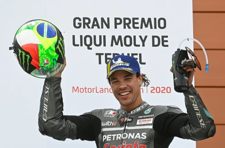 L'Italien Franco Morbidelli après sa victoire au Grand Prix de Teruel catégorie MotoGP, le 25 octobre 2020 sur le circuit d'Alcaniz