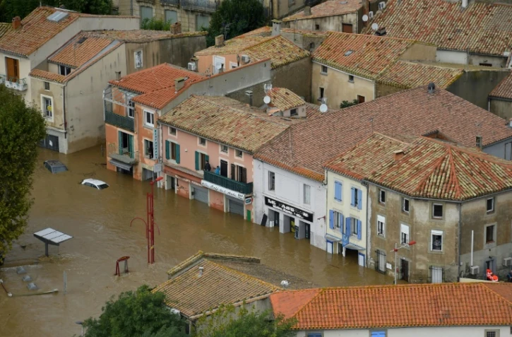 Vue aérienne de la ville de Trèbes, le 15 octobre 2018