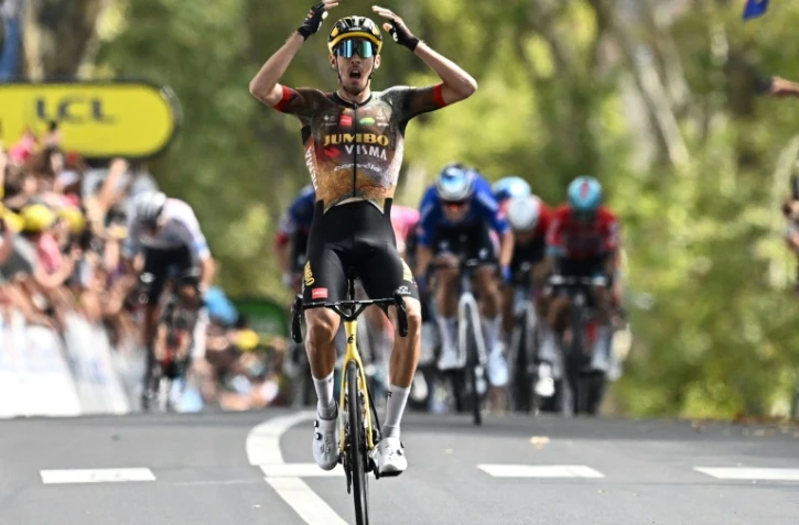 La joie du Français Christope Laporte, vainqueur de la 19e étape du Tour de France, disputée entre Castelnau-Magnoac et Cahors, le 22 juillet 2022