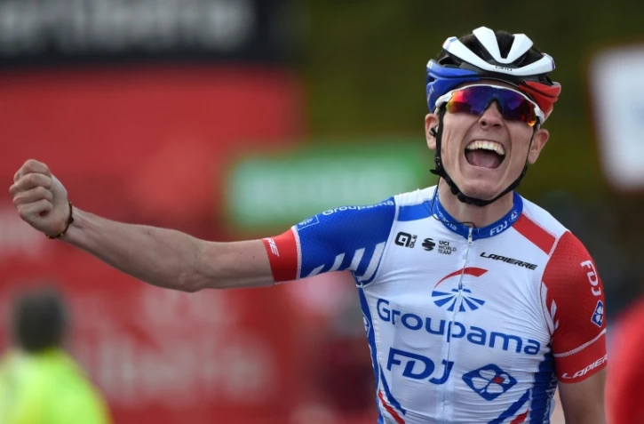 La joie du Français David Gaudu, vainqueur de la 11e étape du Tour d'Espagne, le 31 octobre 2020 au sommet de l'Alto de la Farrapona