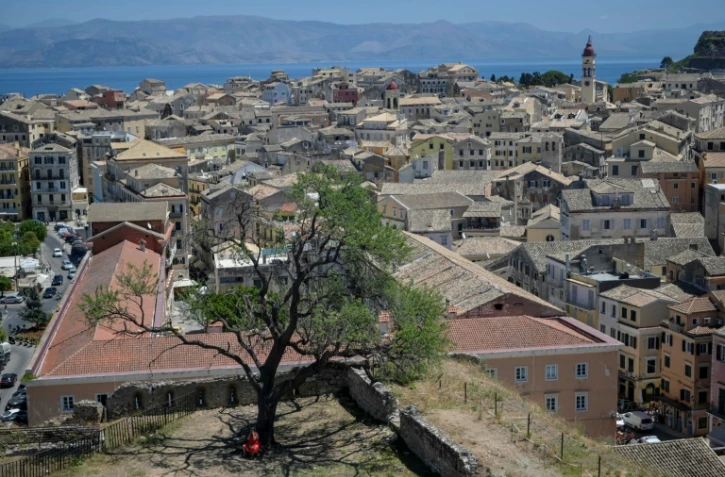 Une femme assise à l'ombre d'un arbre surplombant la vieille ville de l'île de Corfou, le 28 juillet 2023 lors d'une vague de chaleur en Grèce