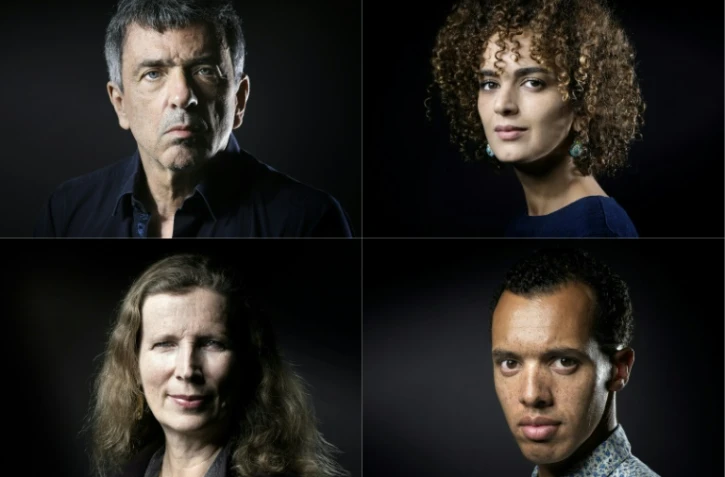 Les quatre auteurs en lice pour le Goncourt cette année, de gauche à droite et de haut en bas : Régis Jauffret, à Manosque le 22 septembre 2016, Leïla Slimani, à Paris le 28 septembre, Catherine Cusset, à Paris le 24 octobre 2016 et Gaël Faye le 13 septembre 2016 à Paris