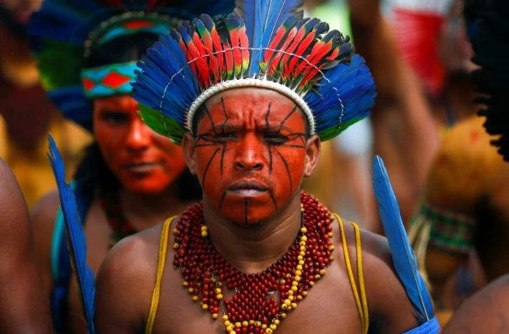 Des chefs indigènes et membres de tribus d'Amazonie manifestent à Brasilia le 11 mars 2020