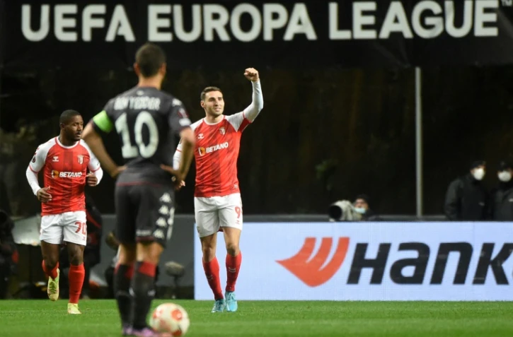 La joie de l'attaquant espagnol de Braga Abel Ruiz, après avoir ouvert le score à domicile face à Monaco, lors du 8e de finale aller de la Ligue Europa, le 10 mars 2022 au Municipal Stadium