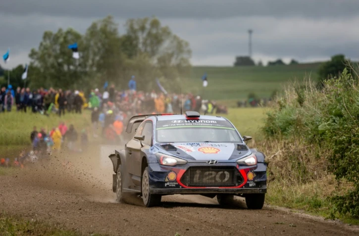 Le pilote belge Thierry Neuville au volant de sa Hyundai i20, lors du Rallye de Pologne, le 2 juillet 2017 à Paprotki