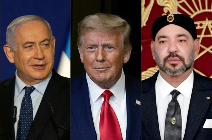 De gauche Ă droite: Benjamin Netanyahu, Donald Trump et le roi Mohammed VI