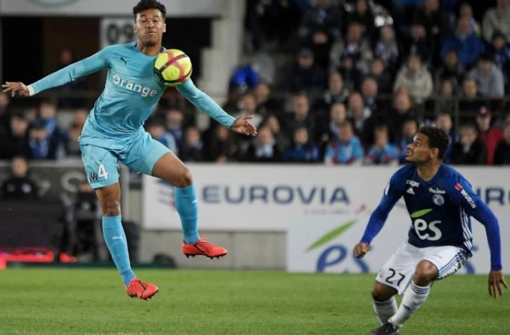 Le défenseur de Marseille, Boubacar Kamara (g), lors du match de Ligue 1 face à Strasbourg, le 3 mai 2019