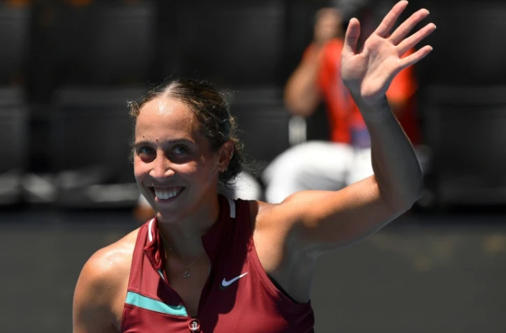 L'Américaine Madison Keys après sa victoire contre la Tchèque Barbora Krejcikova en quarts de finale de l'Open d'Australie à Melbourne le 25 janvier