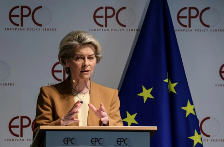 La présidente de la Commission européenne Ursula von der Leyen lors d'un discours sur les relations entre l'UE et la Chine, le 30mars 2023 à Bruxelles