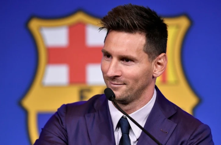 Lionel Messi lors de sa conférence de presse d'adieu au Barça au Camp Nou le 8 août 2021