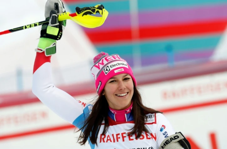 La joie de la Suissesse Wendy Holdener après sa victoire au combiné de Lenzerheide en Suisse, le 26 janvier 2018