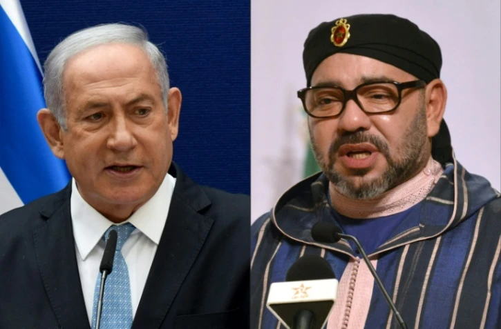 Photo montage du 11 décembre 2020 avec le Premier ministre israélien Benjamin Netanyahu (d), le 30 septembre 2020 et le roi du Maroc Mohammed VI, à Brazaville le 29 avril 2018