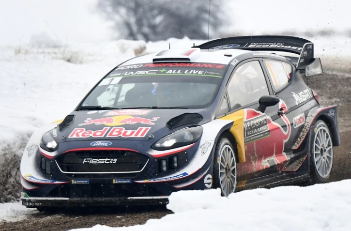 Le Français Sébastien Ogier au volant de sa Ford Fiesta lors de la spéciale 10 du Monte-Carlo entre St Léger Les Mélèzes et La Bâtie Neuve, le 27 janvier 2018