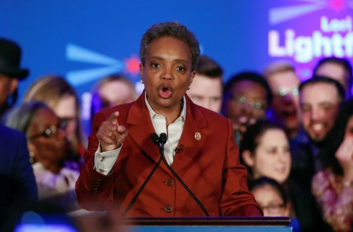 Lori Lightfoot, élue maire de Chicago, le 2 avril 2019 à son  siège de campagne