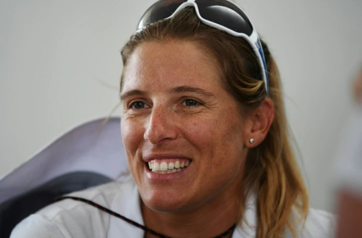 Camille Lecointre, médaillée de bronze en voile à Rio et déjà qualifiée pour Tokyo, interrogée par les médias avant une compétition de son sport à Enoshima, le 22 août 2019