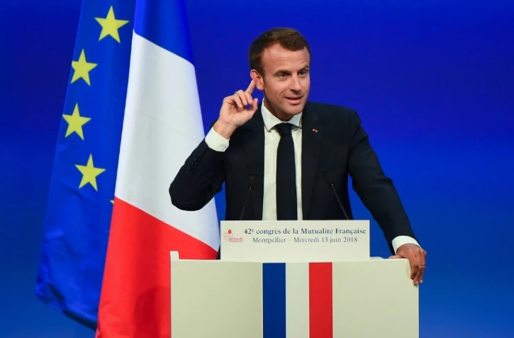 Le président Emmanuel Macron prononçant un discours devant le 42e congrès de la Mutualité française, à Montpellier le 13 juin 2018.