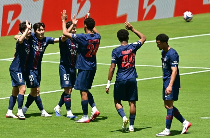 Les joujeurs du PSG vainqueurs de l'Atletico Madrid en ouverture de la Coupe du monde des clubs au Rose Bowl de Pasadena, le 15 juin 2025 