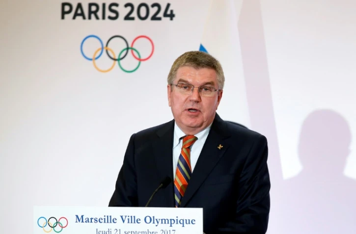 Le président du Comité internatioal olympique, Thomas Bach, durant une conférence de presse sur le futur site de voile à Marseille, le 21 septembre 2017
