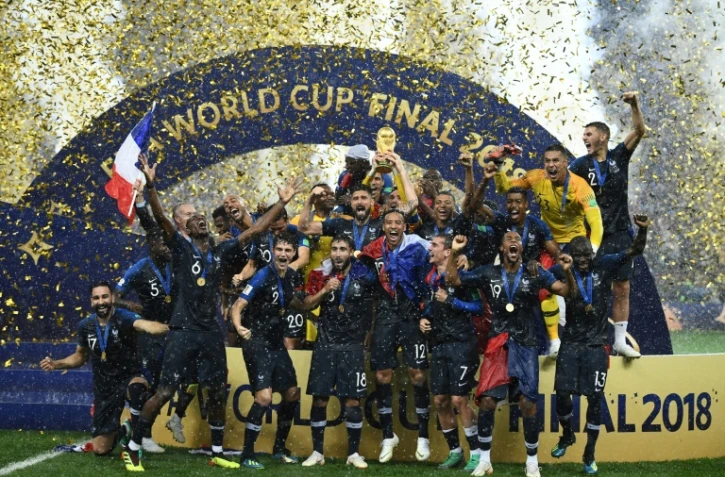 Les joueurs de l'équipe de France le 15 juillet 2018 après la victoire au Mondial