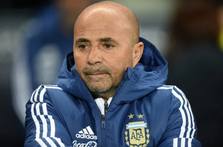 Le sélectionneur de l'Argentine Jorge Sampaoli avant le coup d'envoi du match amical contre l'Italie, le 23 mars 2018 à Manchester