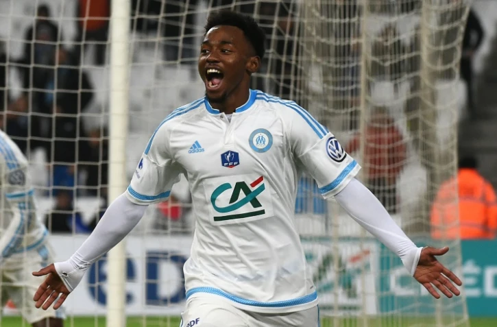 Le milieu de Marseille Georges-Kévin Nkoudou fête son but contre Montpellier en Coupe de France au Vélodrome, le 20 janvier 2016
