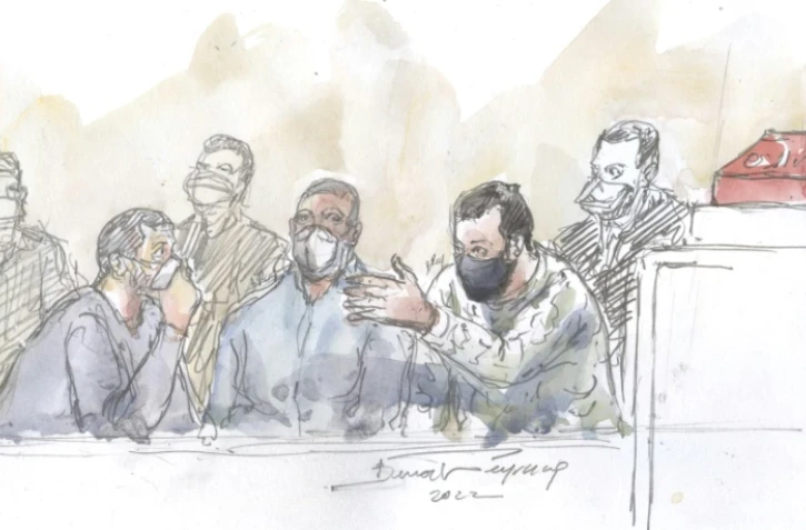 Croquis d'audience au procés des attentats du 13 novembre 2015 montrant Mohamed Abrini, Mohamed Amri et Salah Abdeslam, lors d'une audience le 27 janvier 2022