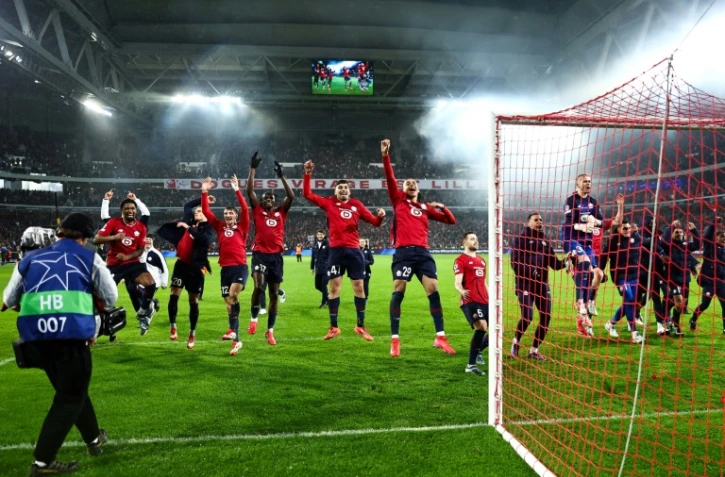 La joie des Lillois, vainqueurs 6-1 de Feyenoord, et qualifiés directement pour les 8es de la Ligue des champions, le 29 janvier 2025 au stade Pierre-Mauroy