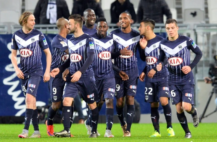 La joie des joueurs de Bordeaux après leur 2e but contre Lorient (csc) en Coupe de la Ligue, le 12 janvier 2016 au Matmut Atlantique