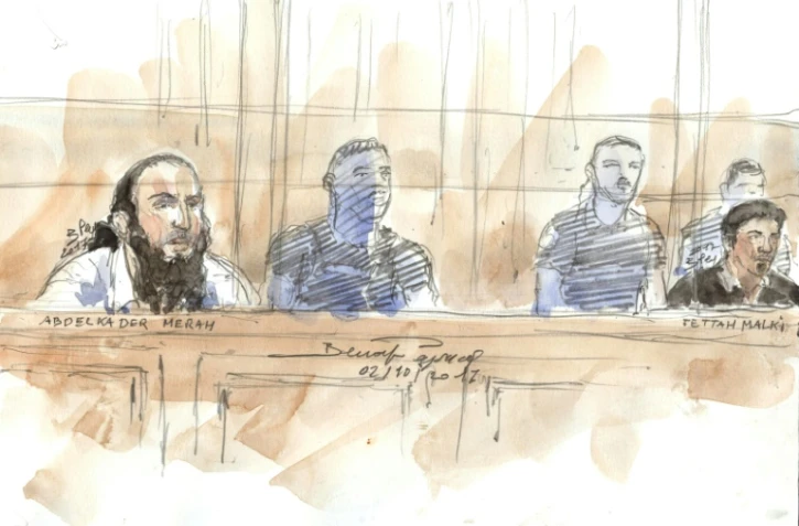 Un crocquis d'audience d'Abdelkader Merah (G) et Fettah Malki , le 2 octobre 2017 Ă Paris