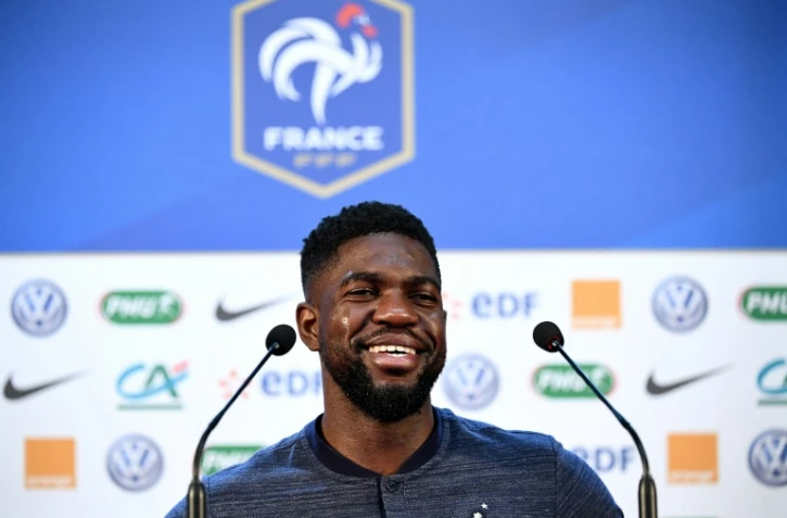 Le défenseur français Samuel Umtiti en conférence de presse à Moscou, le 12 juillet 2018
