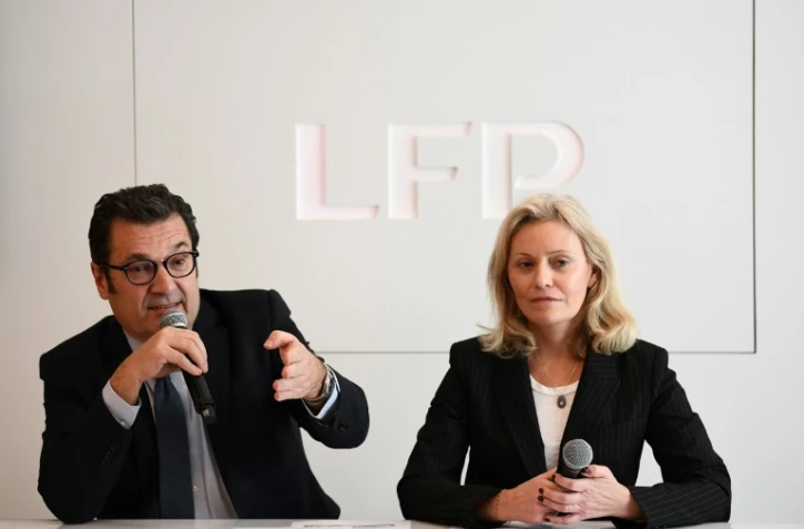 La présidente de la LFP Nathalie Boy de la Tour et le directeur exécutif Didier Quillot, lors d'un point presse à Paris, le 11 mars 2020