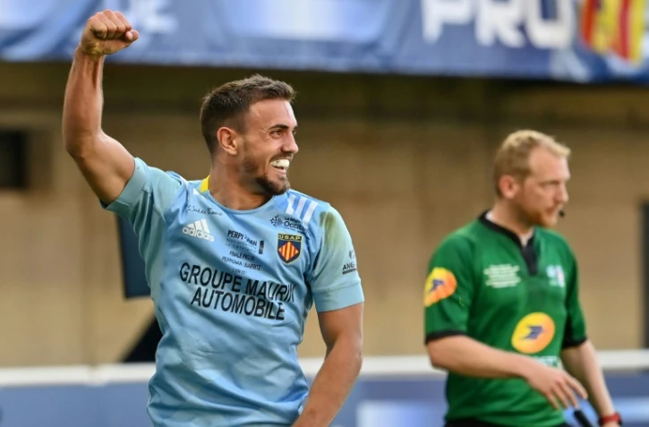 L'arrière de Perpignan Melvyn Jaminet lors de la finale de Pro D2 gagnée contre Biarritz  à Montpellierle 5 juin 2021