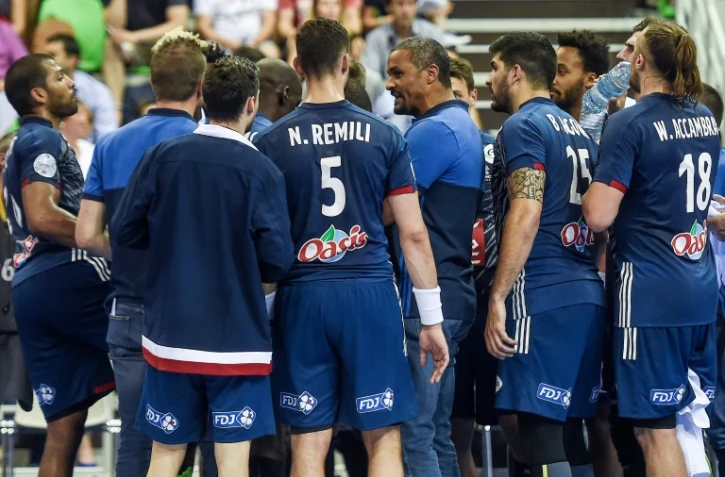 Les Bleus autour du sélectionneur Didier Dinart, le 17 juin 2017 à Montbéliard face à la Belgique