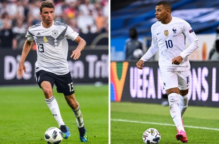 Combo réalisé le 13 juin 2021 avec une photo de Thomas Müller à Leverkusen le 8 juin 2018 et une autre de Kylian Mbappé à Solna le 5 septembre 2020 France will face Germany in a UEFA EURO Group F fotball match on June 15, 2021.