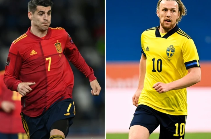 Montage photos de l'attaquant espagnol Alvaro Morata et du milieu de terrain suédois Emil Forsberg, dont les équipes s'affronteront pour leur 1er match de l'Euro 2020, le 14 juin 2021 à Séville